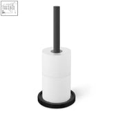 Modern black stainless steel spare toilet roll holder with sleek cylindrical design for stylish toilet storage