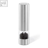 Zack Monino electric pepper mill in brushed stainless steel with clear glass showing black peppercorns inside