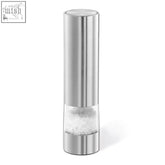 Zack Monino premium stainless steel electric salt spice mill with clear glass showing white crystalline salt