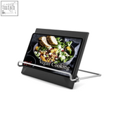 Black pacene cookbook tablet stand with sleek minimalist design and silver metal support arms for kitchen use