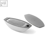 Gray and white zack parna cheese grater with stainless steel perforated surface for shredding and zesting cheese