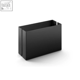 Black rectangular metal magazine rack with sleek, minimalist design.