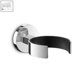 Chrome finished wall-mounted shaving brush holder with black rubber interior for sleek stainless steel hair dryer organization