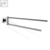 Chrome-finished double towel holder in polished stainless steel with sleek swivelling towel design for modern bathrooms