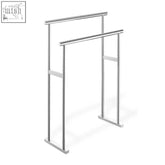 Modern chrome-finished scala towel stand with double stainless steel rack and sleek minimalist design for towels