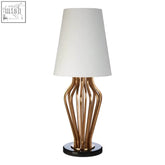 Zada gold and black angular table lamp with white conical shade and polished brass metal rod sculptural base