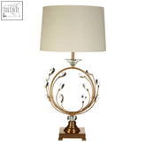 Zahra table lamp gold-toned with white linen drum shade and ornate crystal branch base perfect for cozy lighting