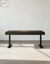 Modern dark wood zain electric standing office desk with two drawers and sleek black metal legs for solid wood storage