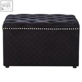 Black velvet zamora square black tufted storage bench with diamond quilted upholstery and silver nailhead trim