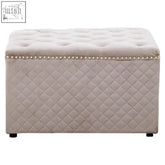Beige square mink velvet ottoman with diamond-quilted sides and silver nailhead trim for stylish storage seating