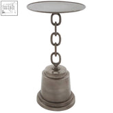Zane side table with industrial metal design black nickel finish circular top and bell-shaped base connected by chain