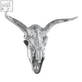 Silver aluminium wall mounted zania skull with intricately carved horns and detailed facial features