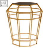 Zariah mirror top and geometric base table with a gold finish and dark smooth top surface side table