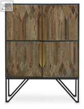 Zarina cabinet with geometric diamond paneling made of recycled elm and black metal frame perfect for dining rooms