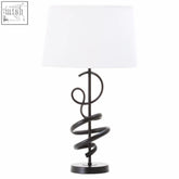 Matte black squiggle wrought iron spiral table lamp with white rectangular shade for stylish home lighting