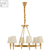 Zina 6 arm ceiling light with gold finish twisted metal arms and six off-white linen shades ceiling light