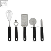 Set of six stainless steel kitchen utensils with black handles in zing five piece gadget set for easy cooking tasks