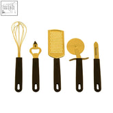 Zing five piece light gold kitchen gadget set with gold handles and black ergonomic grips for easy cooking tasks