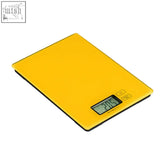 Bright yellow glass rectangular kitchen scale with sleek glass surface and black trim for precise measuring