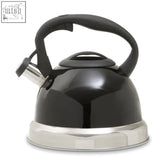 Zion black 3 ltr whistling kettle in black stainless steel with a glossy finish and sturdy handle for easy pouring