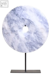 A zoro extra large round grey marble disc sculpture with light blue and white marbling on a sleek black stand