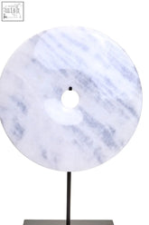 Zoro extra large round white marble disc sculpture with gray veining on a sleek black stand measuring 35cm diameter