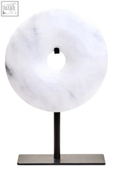 Zoro extra small round grey marble disc sculpture with white donut shape on black metal stand small round dia 15cm
