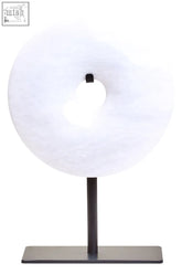 A sleek extra small round dia 15cm white marble disc sculpture lamp with a minimalist black metal stand