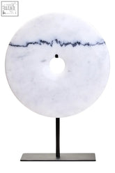 Zoro medium round white marble disc sculpture with black veining on a sleek black metal stand round dia 25cm