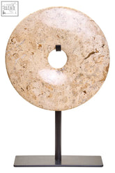 Beige zoro small natural speckled marble disc sculpture with natural veining and central hole on black metal stand