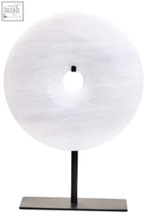 A sleek zoro small round table lamp with a white marble disc and minimalist black metal stand round dia 20cm