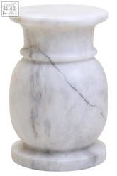 Zoro white marble stool and side table with subtle gray veining and classic urn like design in white marble