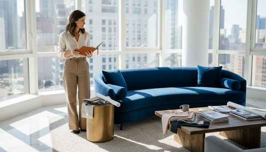 Designer reviews bespoke sofa in luxury penthouse