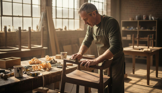 Artisan sanding hand-crafted luxury chair in workshop