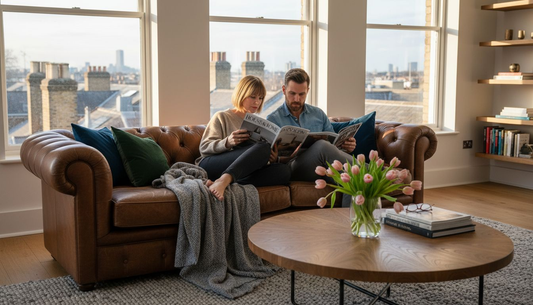 Couple enjoying upscale sofa in sunlit loft