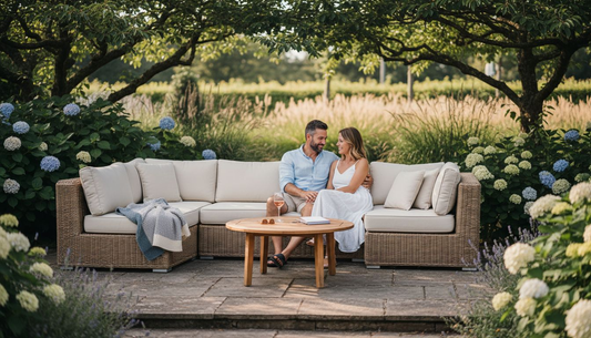 Luxury outdoor furniture set in elegant garden patio