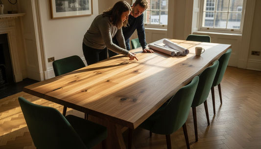Couple admiring bespoke oak dining table