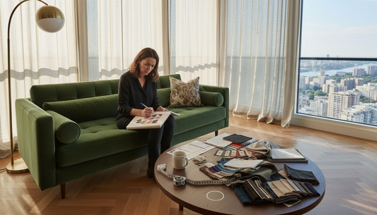 Interior designer sketching on velvet sofa in penthouse