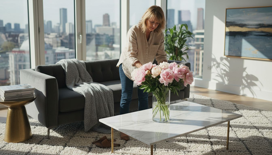 Woman styling luxury living room with flowers