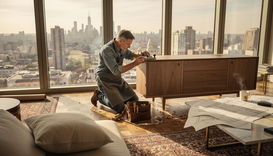 Cabinetmaker fitting custom sideboard in luxury living room