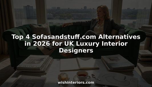 Interior designer on velvet sofa with fabric samples