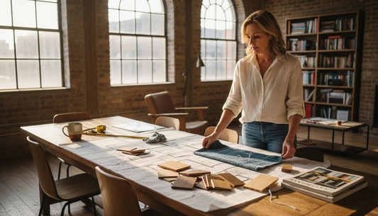 Designer reviewing plans and materials for bespoke furniture