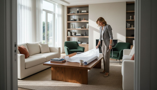 Designer reviewing plans in luxury living room