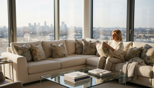 Luxury living room with designer cushions on sofa