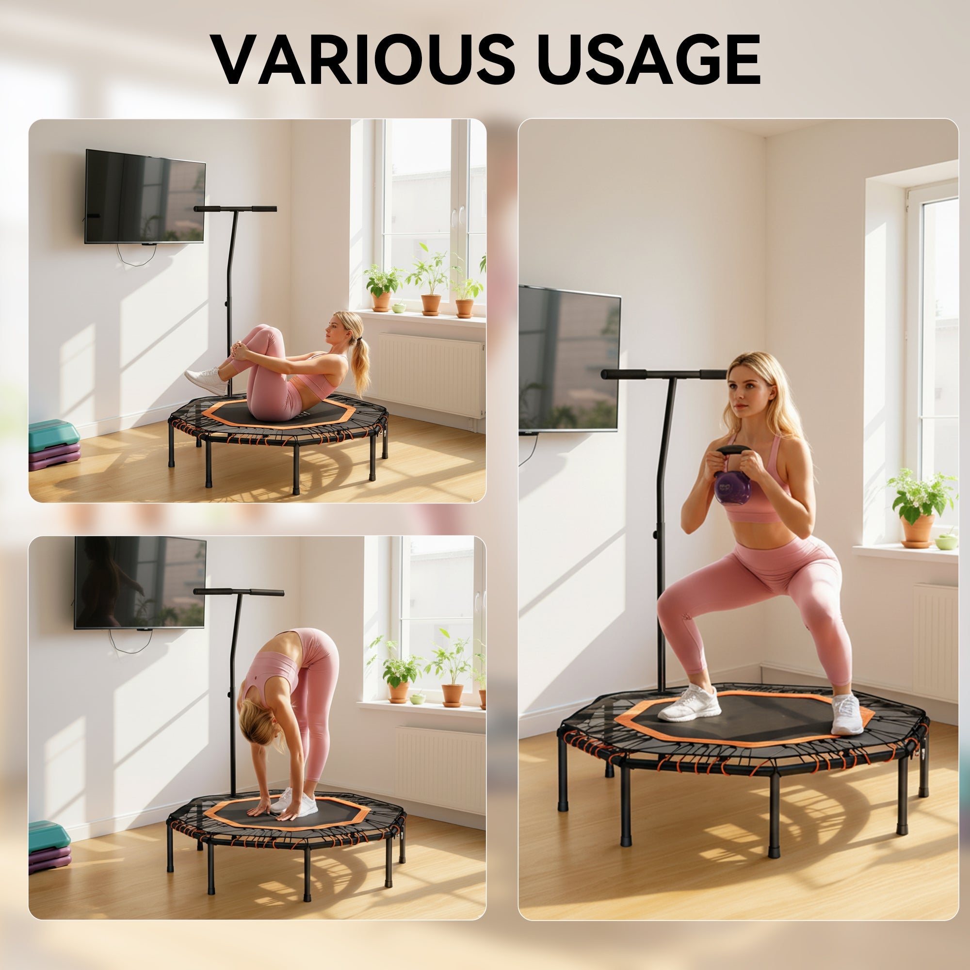 HOMCOM Fitness Trampoline, Bouncer with Adjustable Handle, Max Load 150 kg