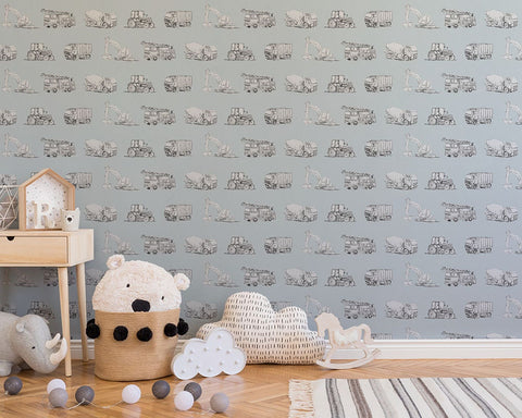 Watercolour Vehicles Wallpaper | Diggers, Fire Engines & Trucks | Kids Bedroom & Nursery
