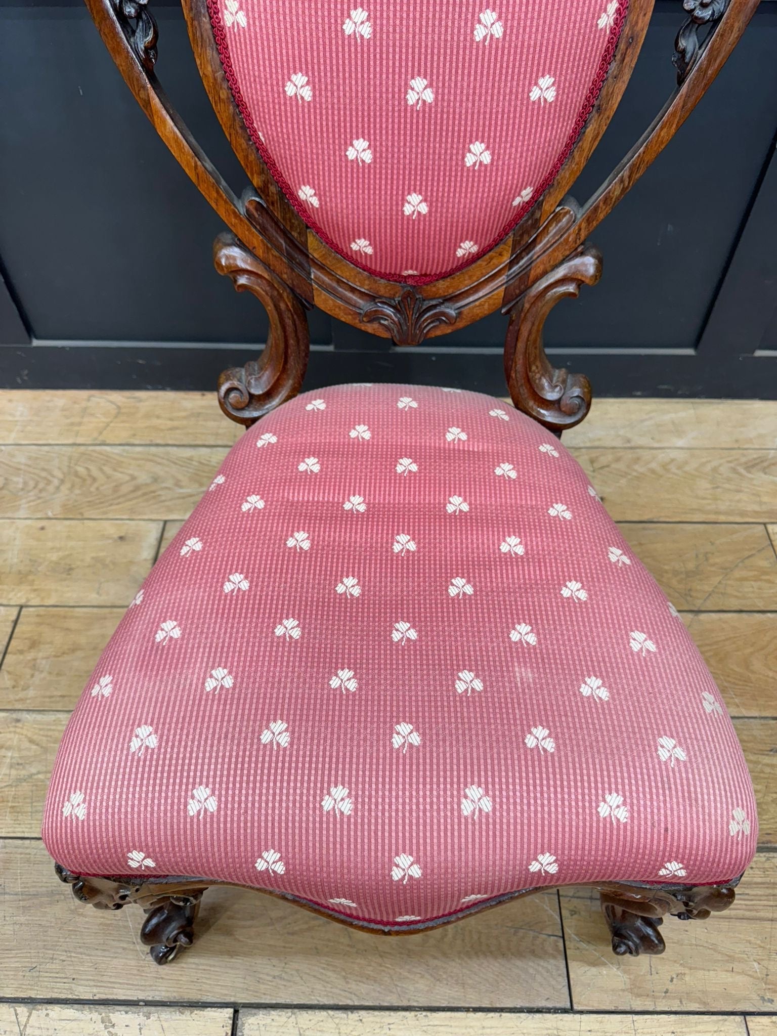 Victorian Carved Walnut Nursing Chair – Scroll Legs & Red Side Bedroom Chair