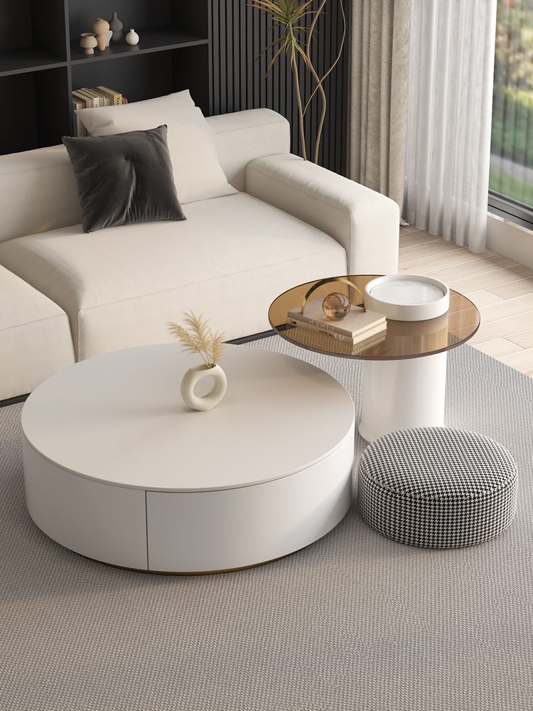 Riviera Round Nesting Coffee Table Set With Ottoman, White