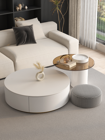 Riviera Round Nesting Coffee Table Set With Ottoman, White