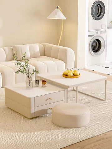 Eclipse Nesting Coffee Table Set With Matching Ottoman, Cream